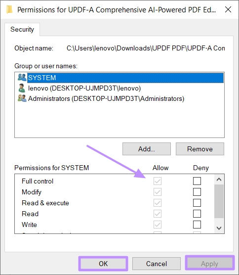 grant required permissions to new account windows