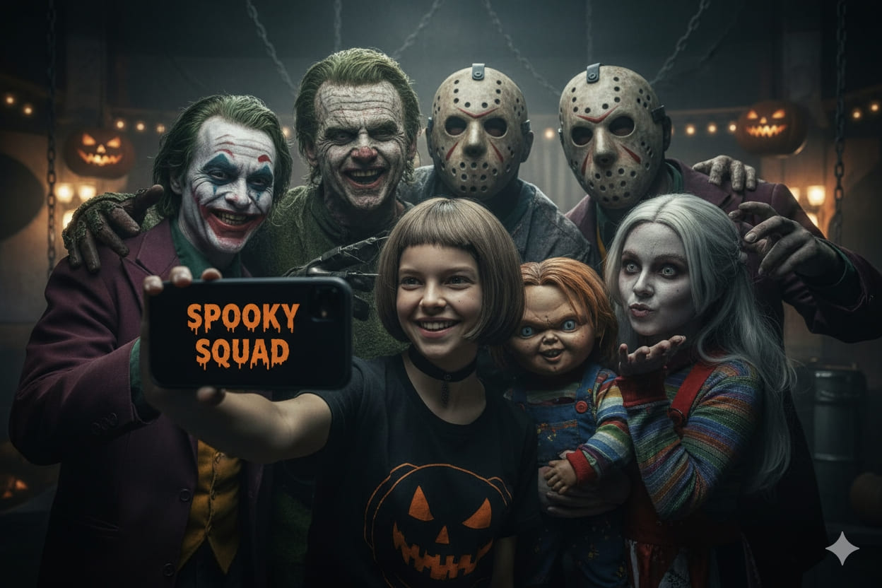 crie sua selfie em grupo com os personagens
prompts de imagens de IA de Halloween