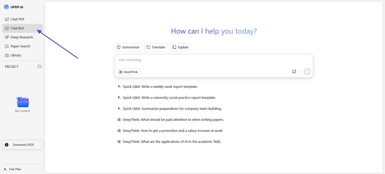 access chat bot feature in updf
