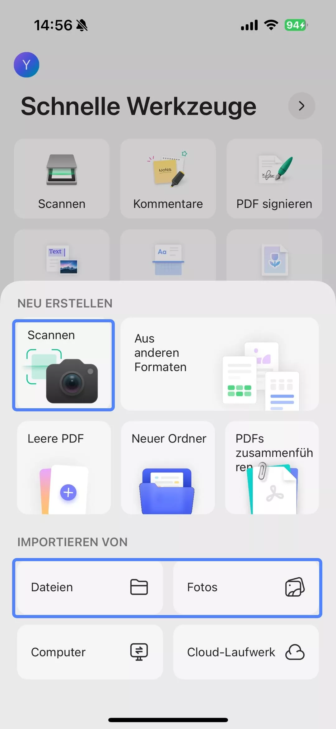 Fotos, Dateien auswählen oder in updf ios einscannen