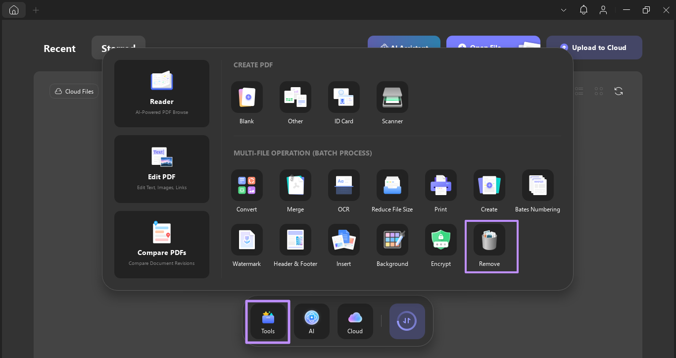 head to remove feature in tools updf windows