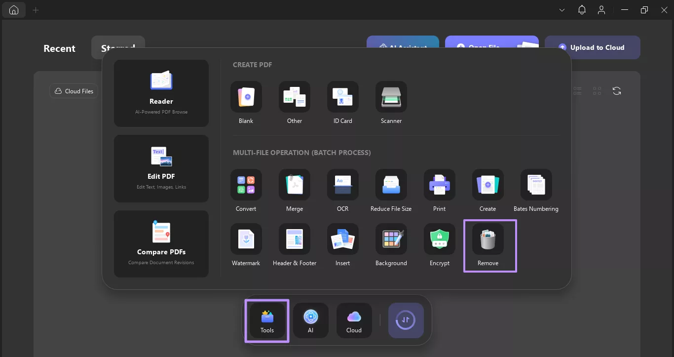 head to remove feature in tools updf windows