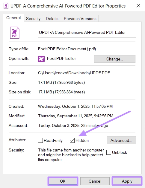 hide file via general settings windows