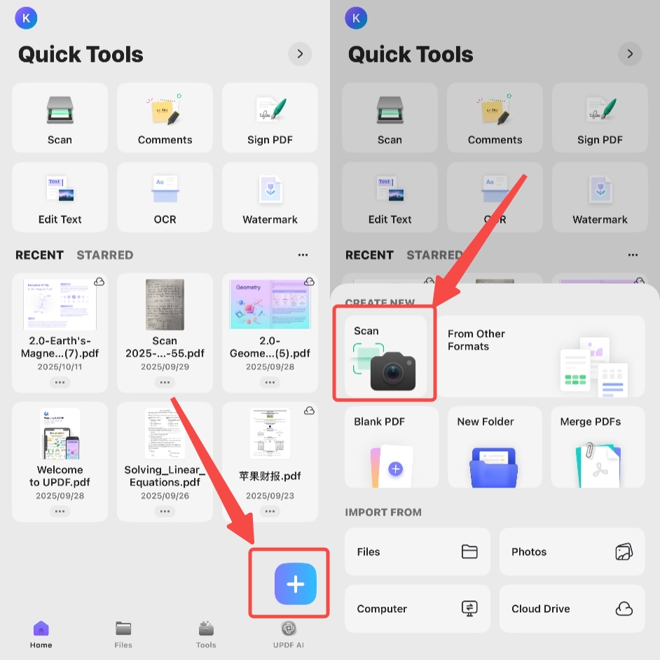 accessing the scan option in updf