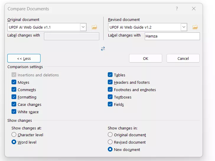 Word 內建「比較」功能