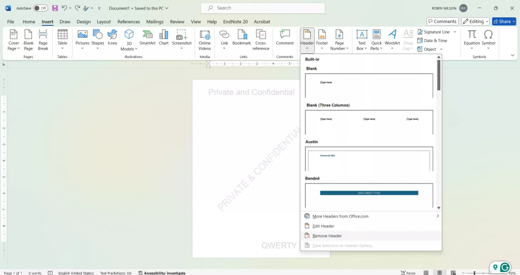 移除 Word 頁首與頁尾中的浮水印