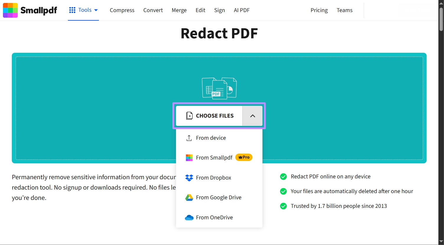import pdf file for redaction smallpdf