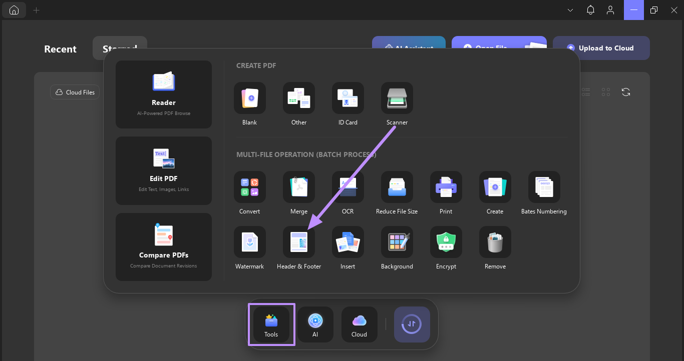  look for header&footer in tools updf windows