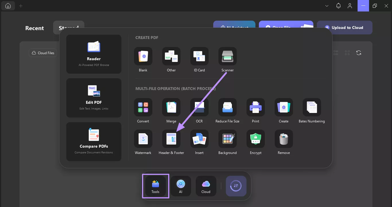 look for header&footer in tools updf windows