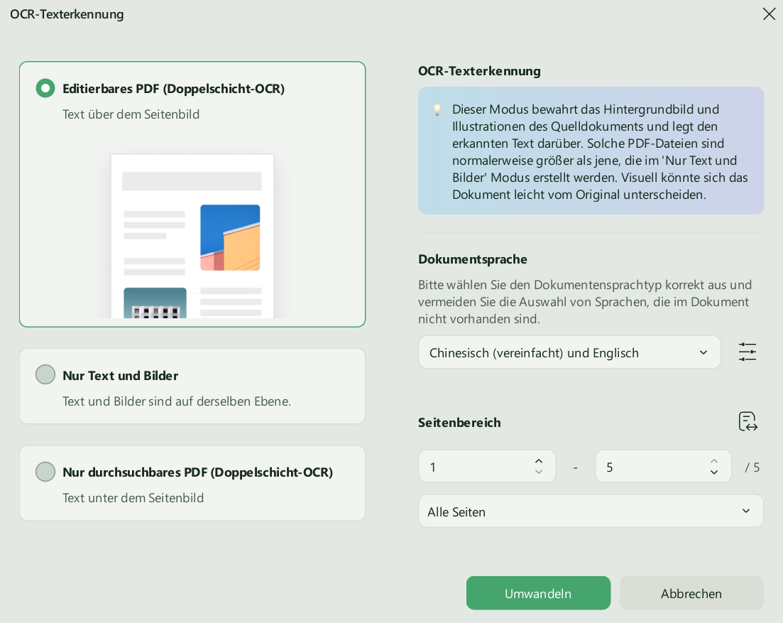 OCR-Einstellungen für Manga in UPDF-Fenstern