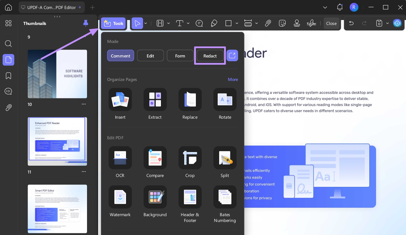 open redact feature from tools updf windows