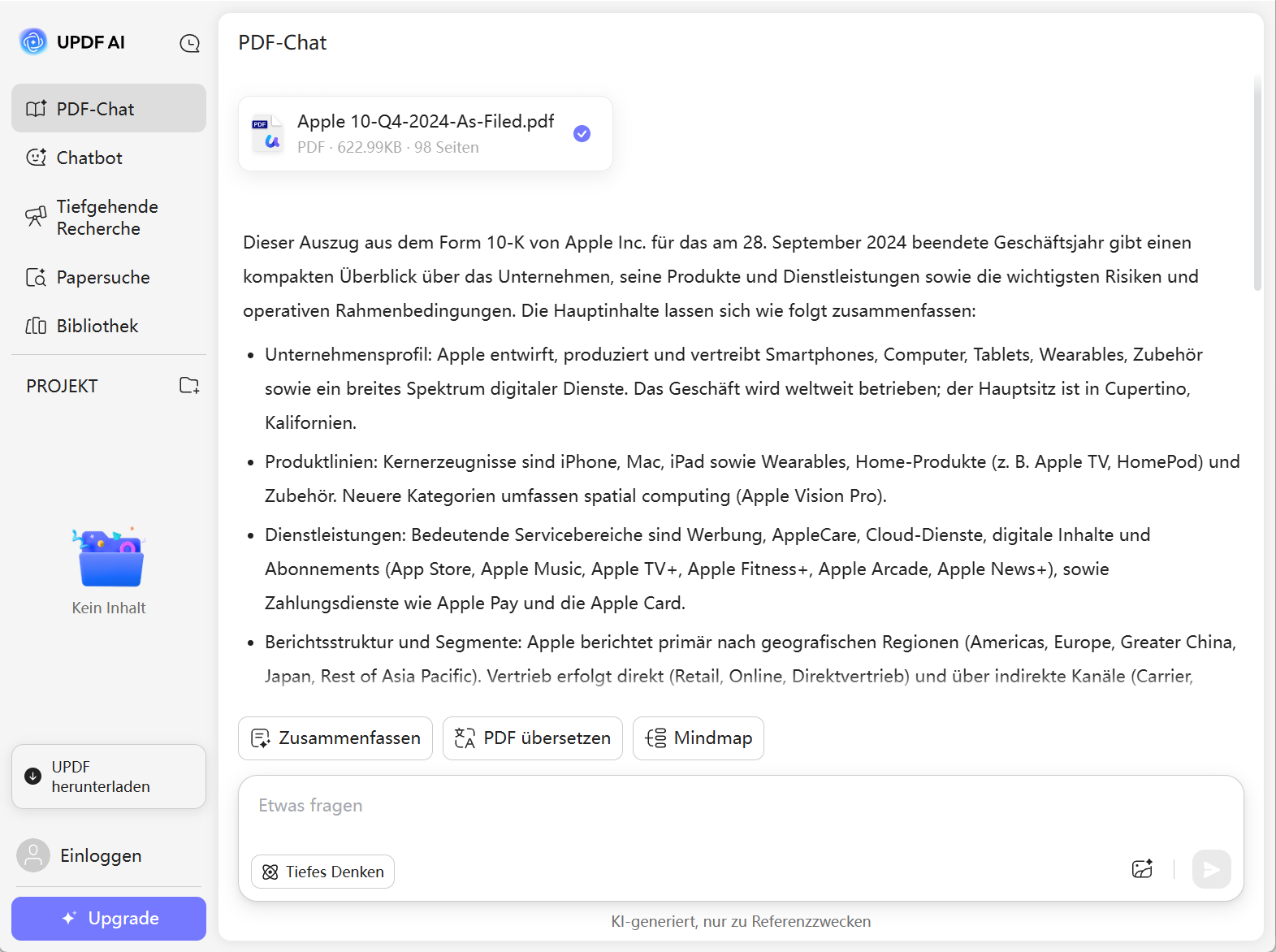 Verwenden Sie updf, um mit PDFs zu chatten.