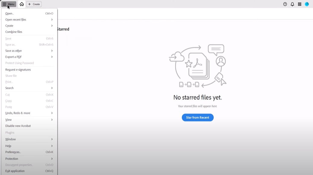 user opening the menu in adobe acrobat to create a new pdf portfolio