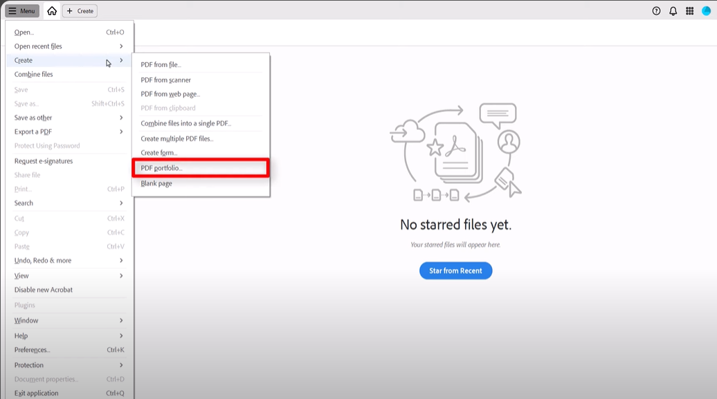 adobe acrobat interface showing the pdf portfolio creation option selected