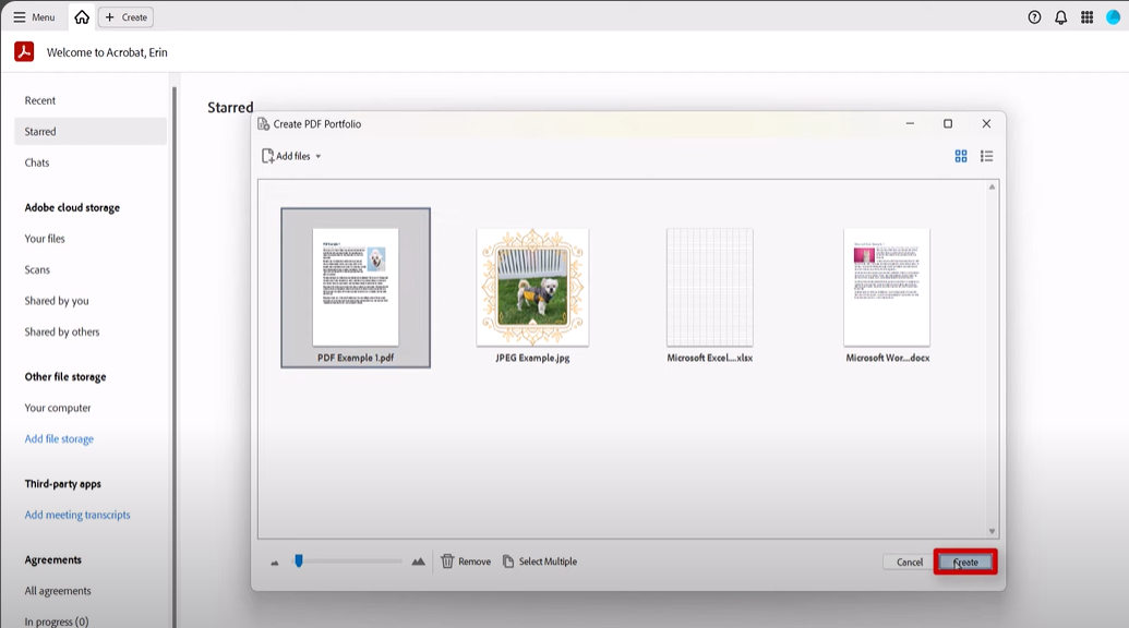 user clicking the create button in adobe acrobat