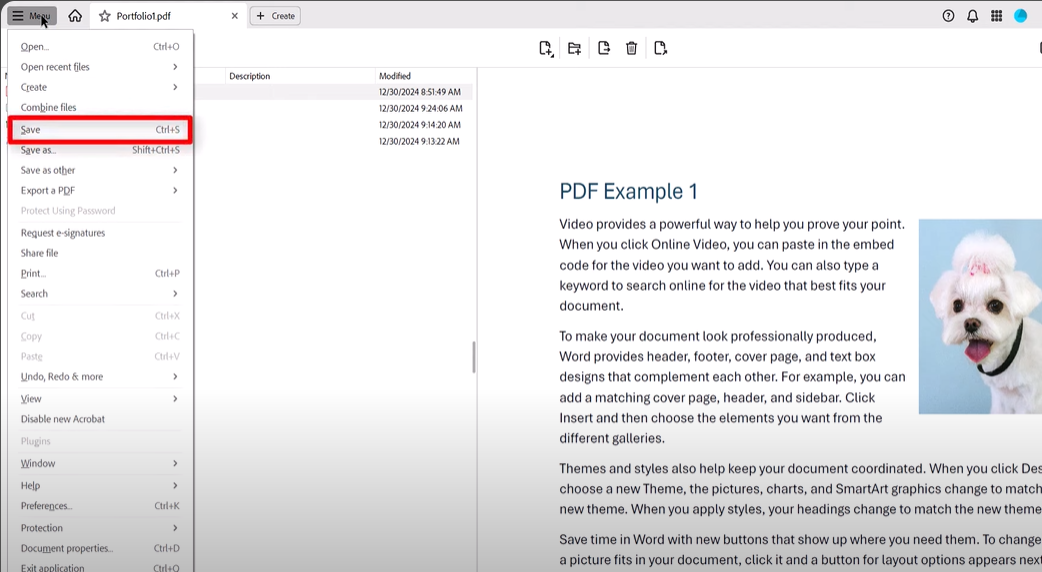 user selecting the save option from the menu in adobe acrobat