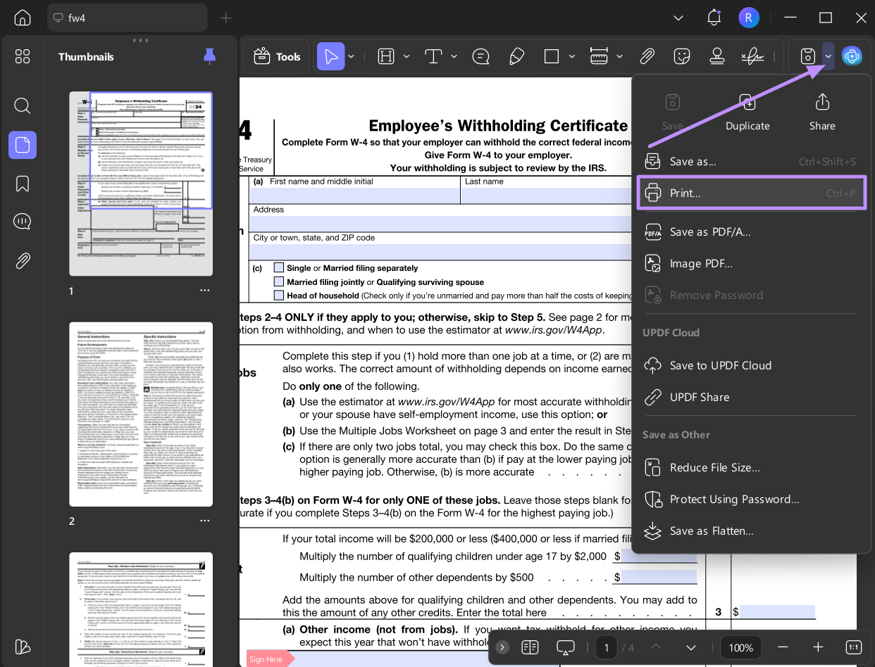 print option in updf windows