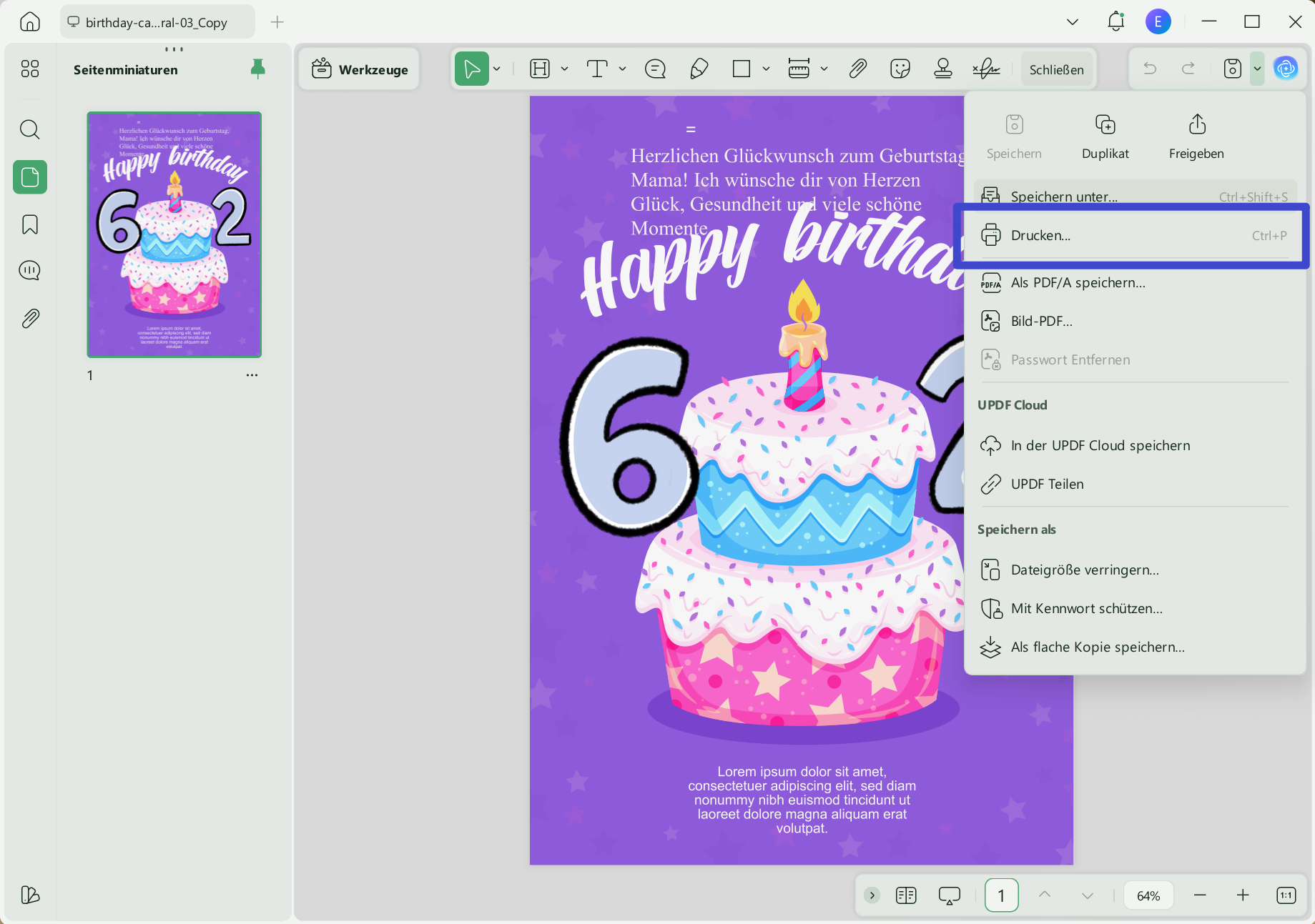 Geburtstagskarte mit bevorzugten Einstellungen drucken