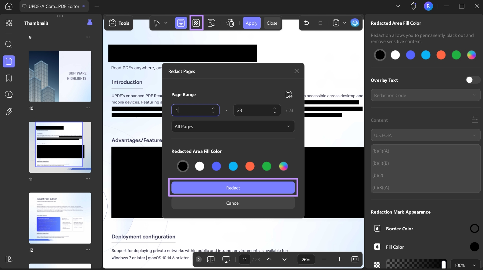 redact required page range updf windows