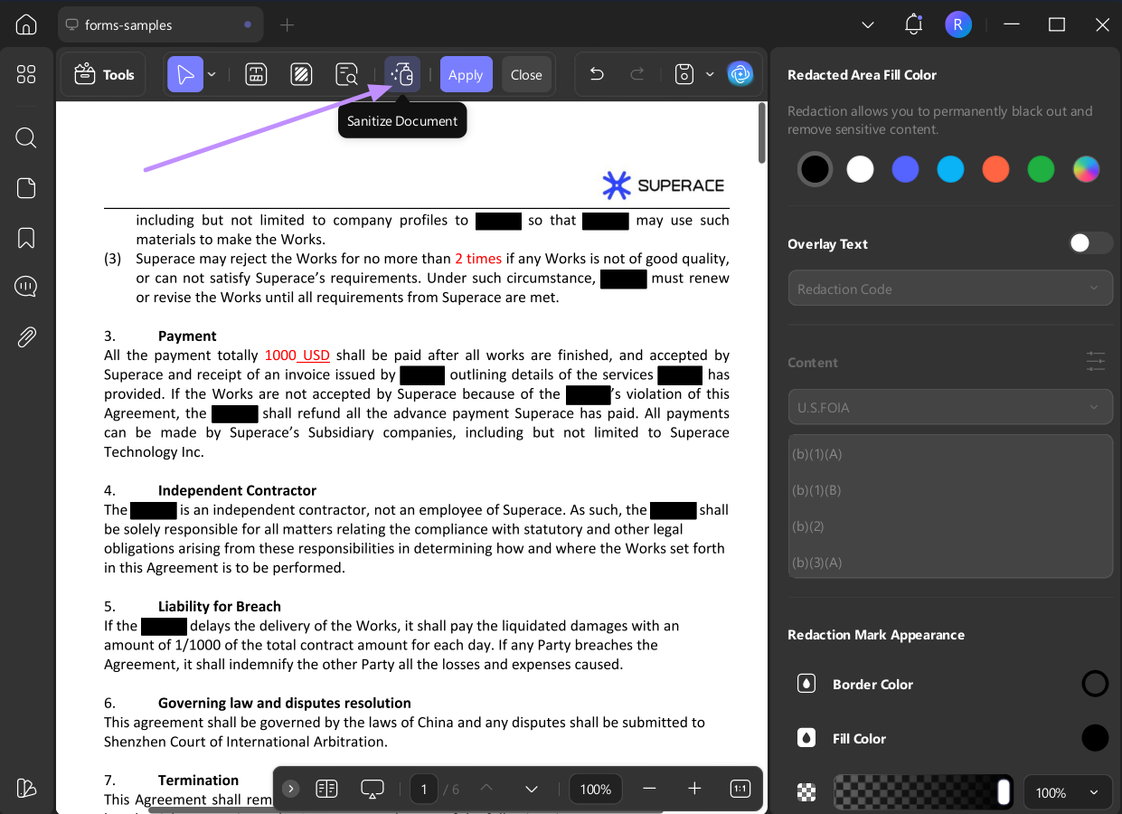 sanitize document in updf windows