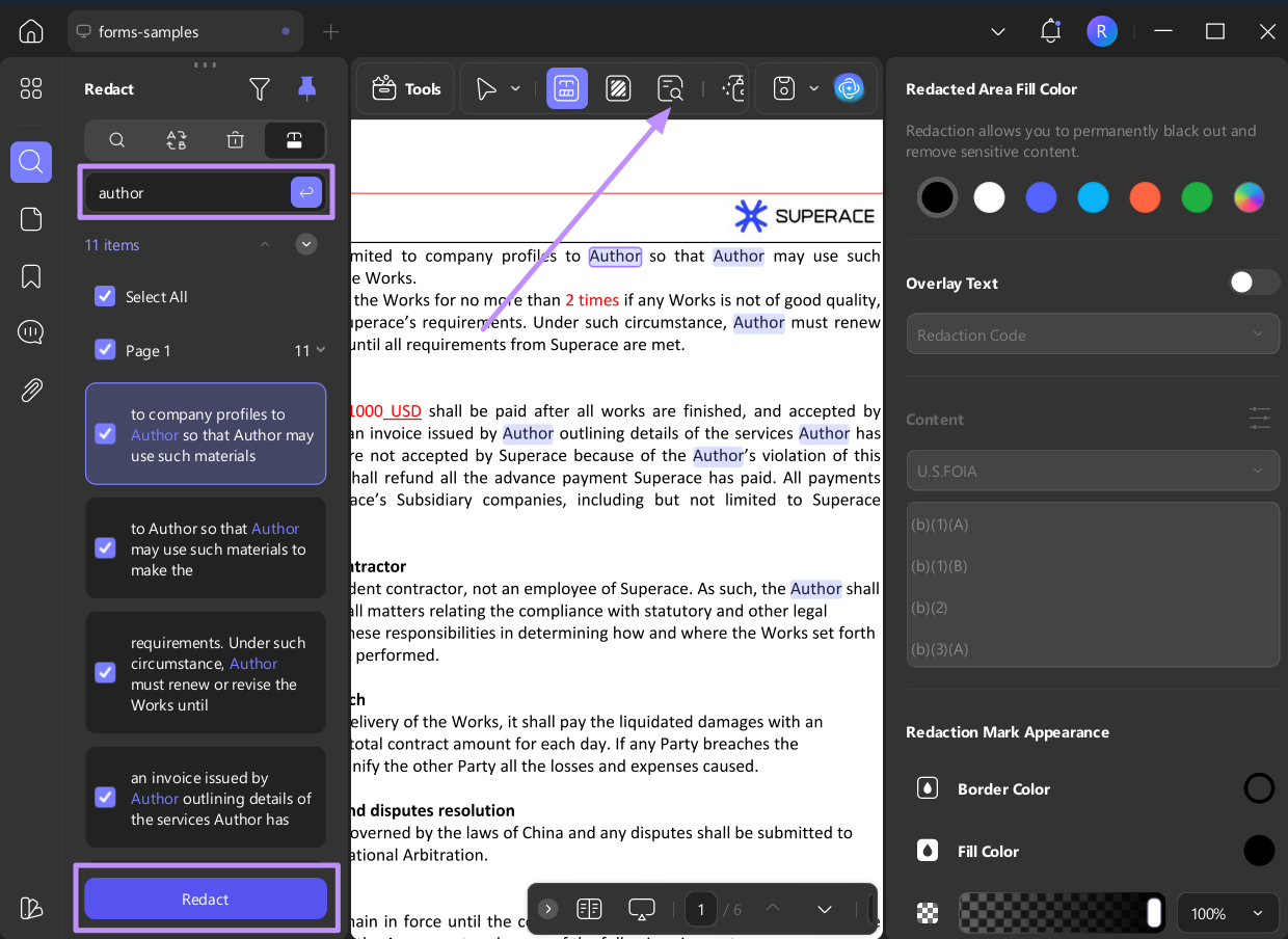 search and redact pages in updf windows