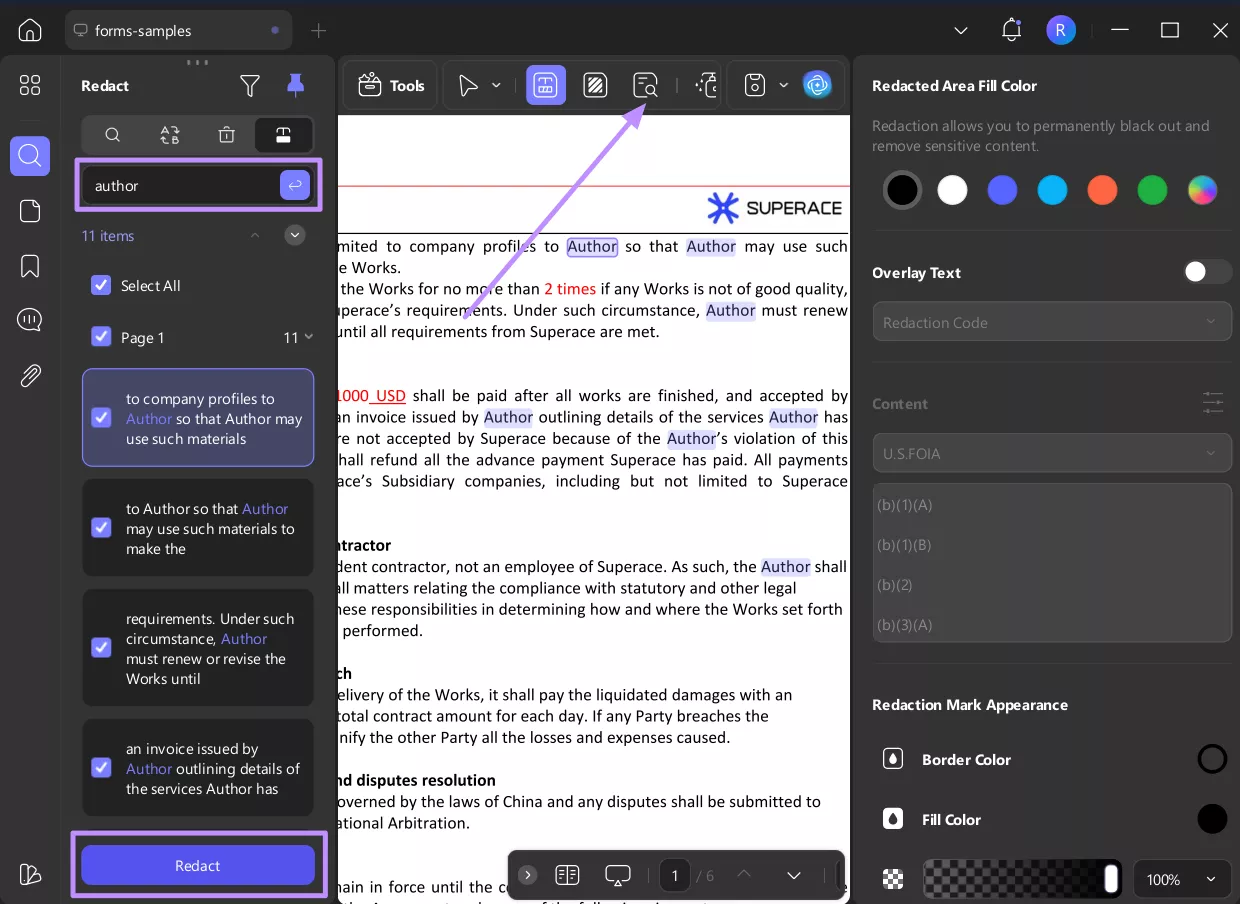 search and redact pages in updf windows