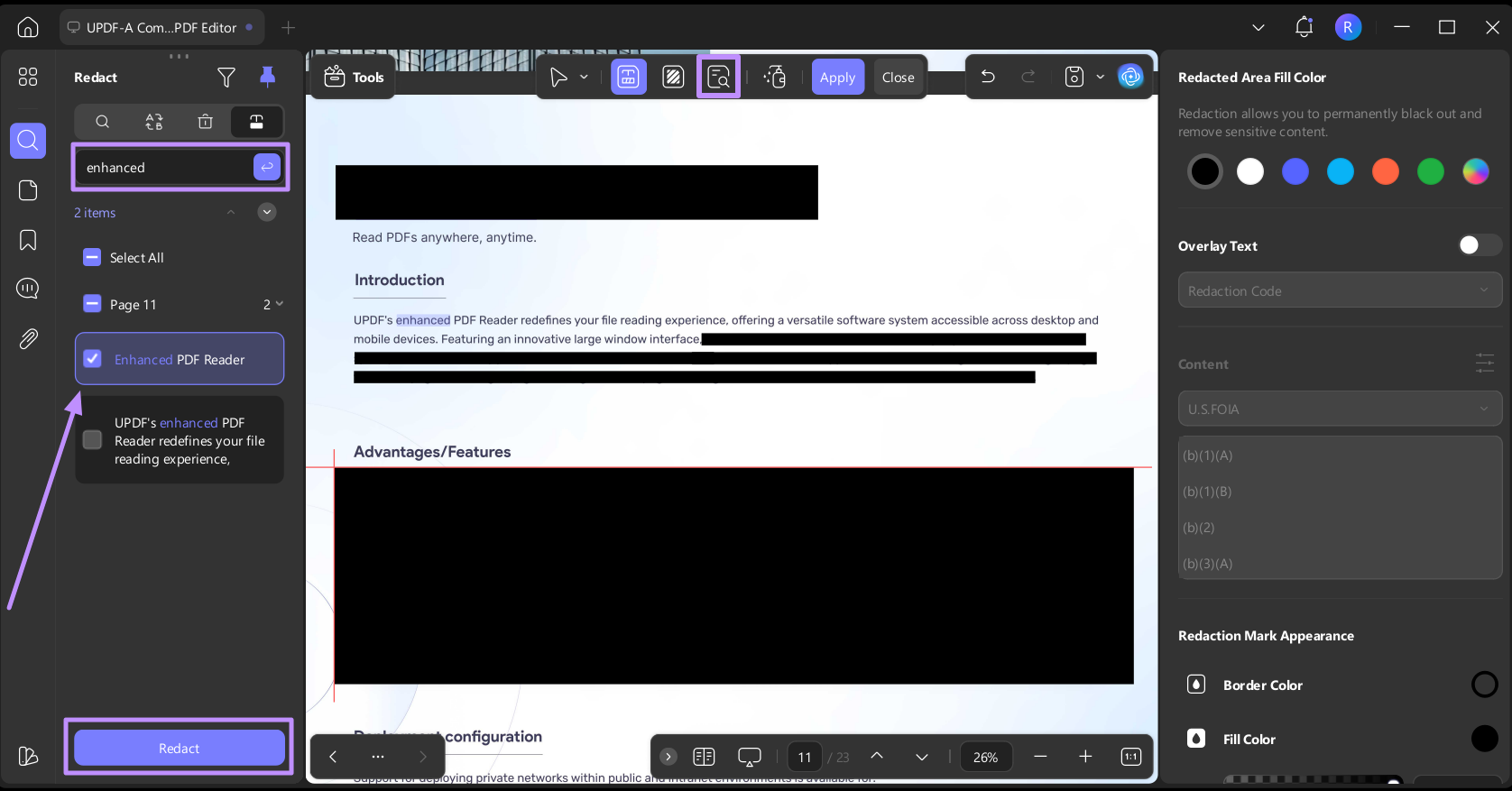 search and redact specific words updf windows