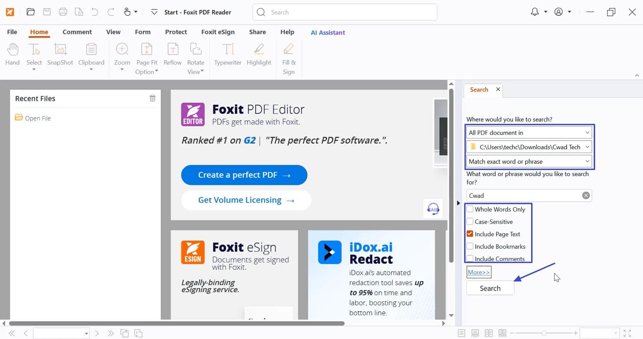 choose files location and search keyword