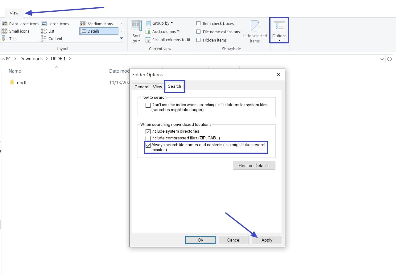 open windows folder search option
