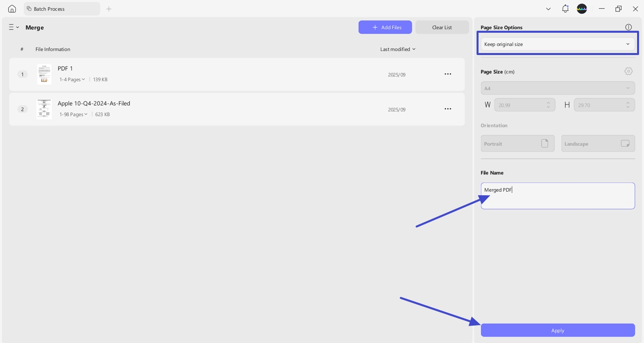 choose file size options batch merge