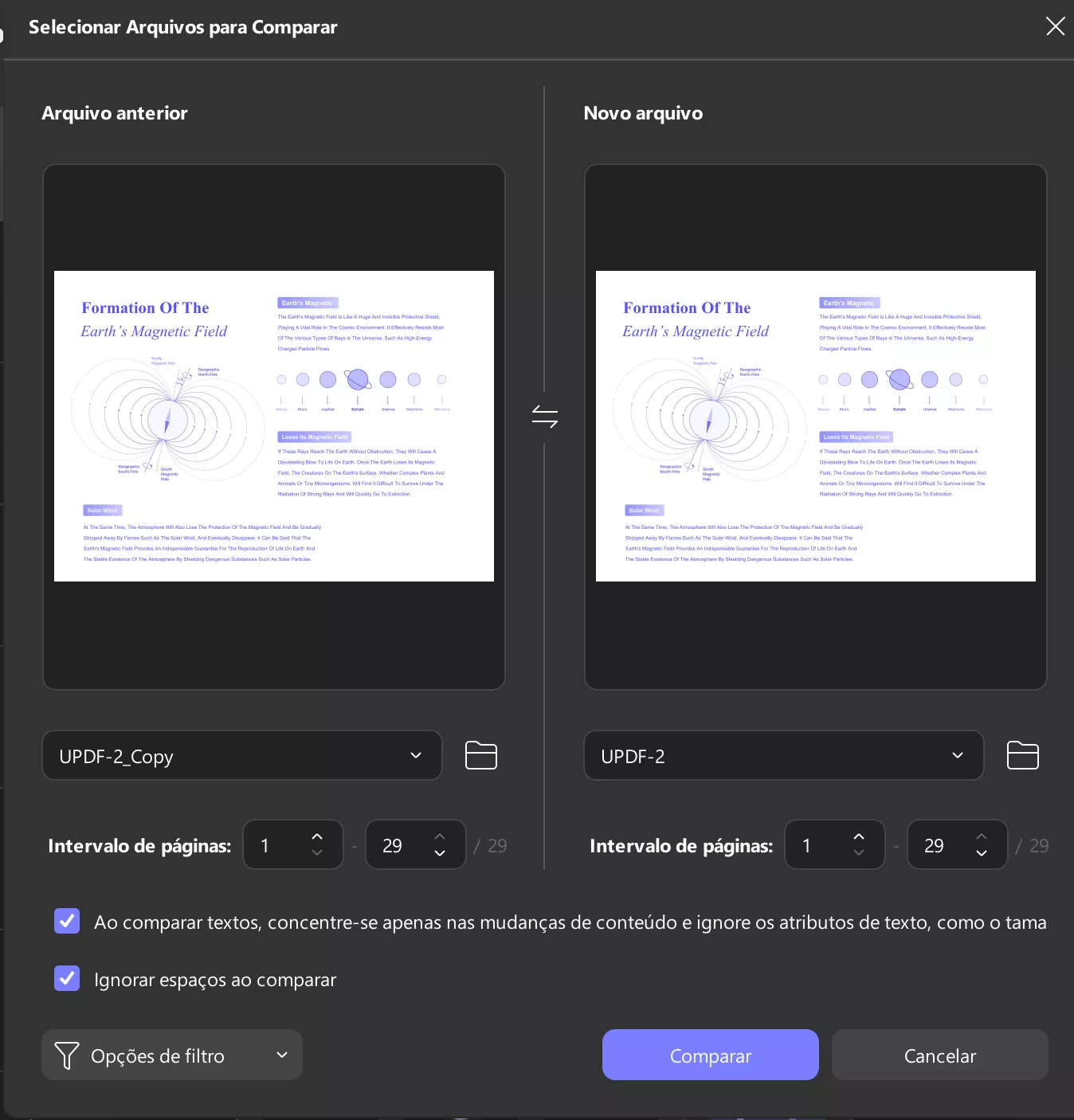 selecionar arquivos para comparar