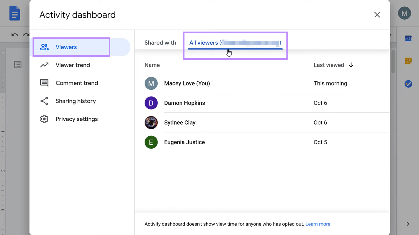 select all viewers under the viewers tab google docs