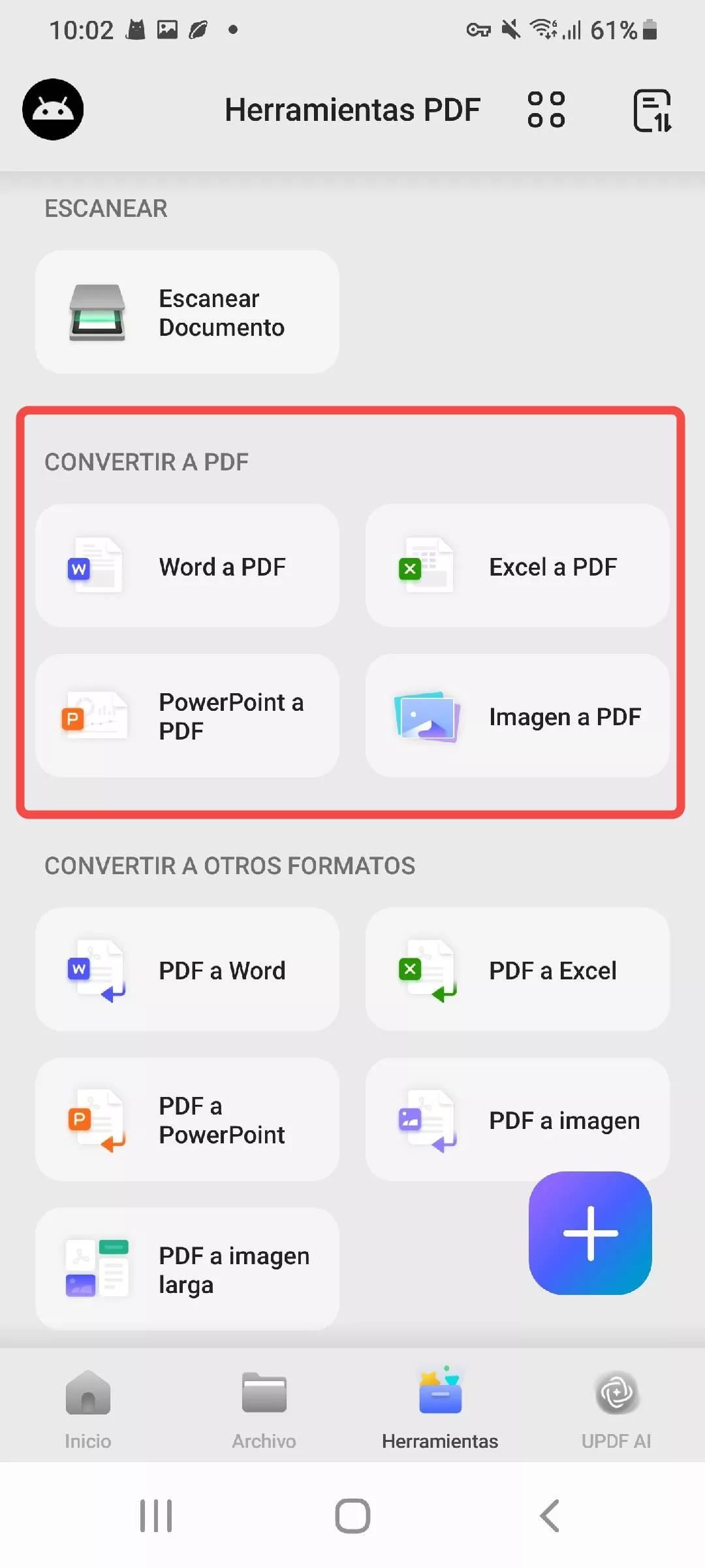 Selecciona una opción para convertir a PDF en UPDF para Android.
