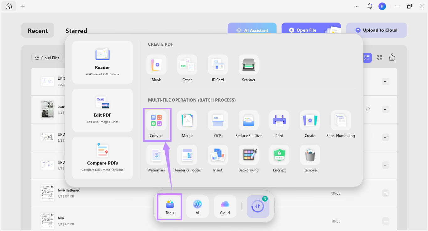 select convert under tools updf windows