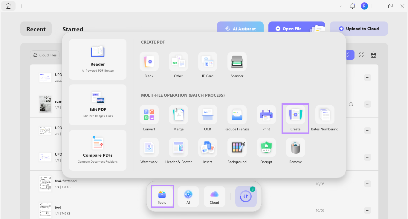 select create under tools updf windows