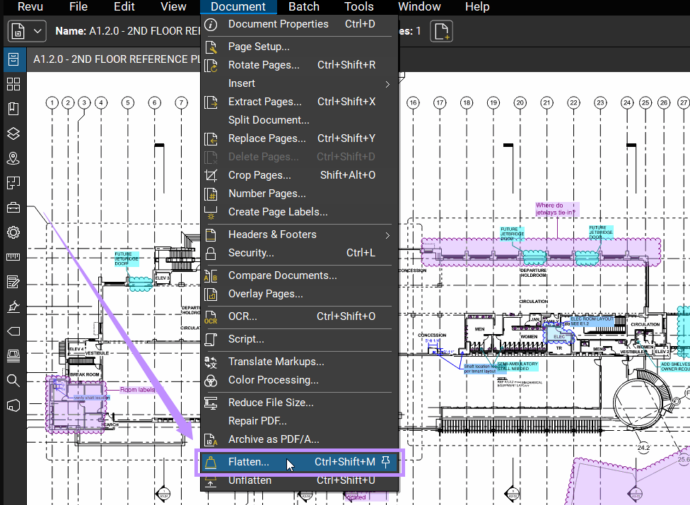 select flatten under document bluebeam