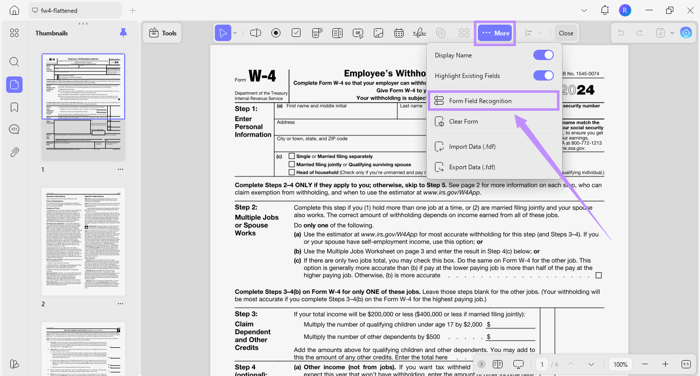select form field recognition under more updf windows