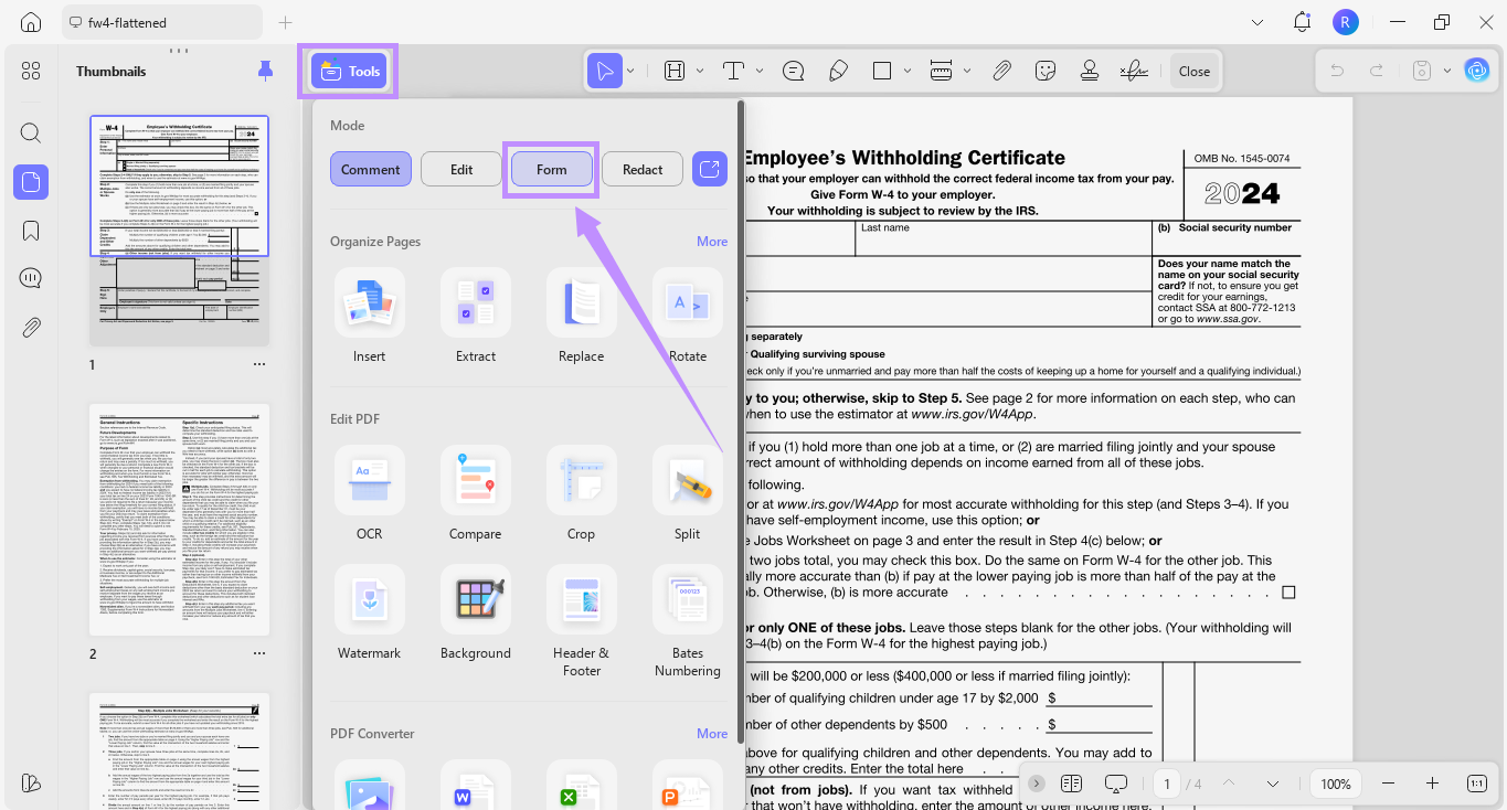 select form under tools updf windows