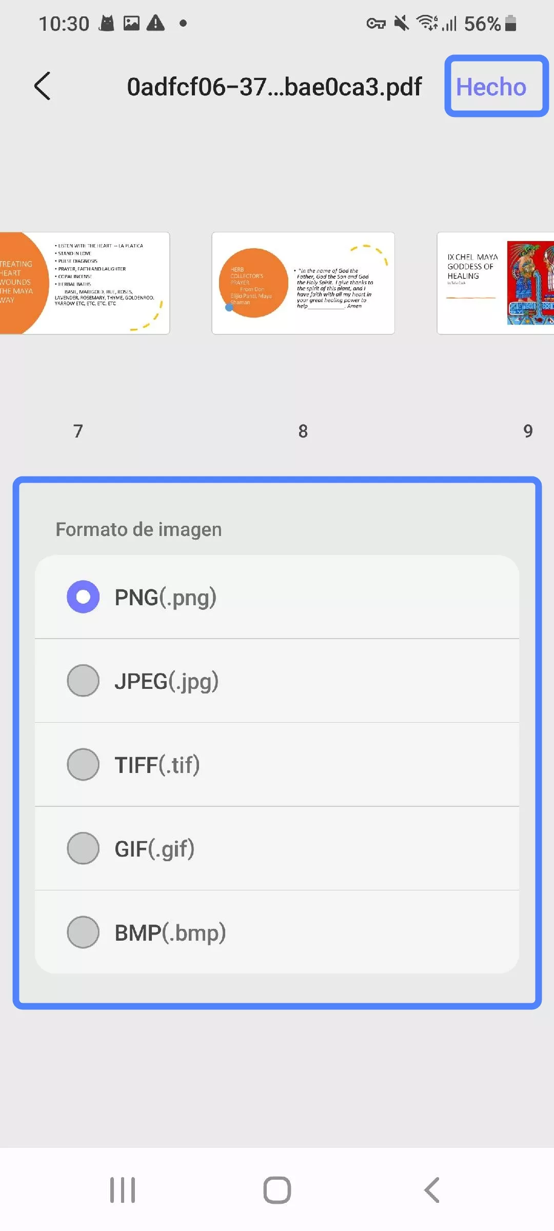 Seleccionar formato y hacer clic en Listo en UPDF Android