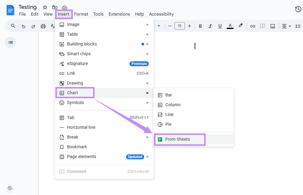 select from sheets under chart google docs