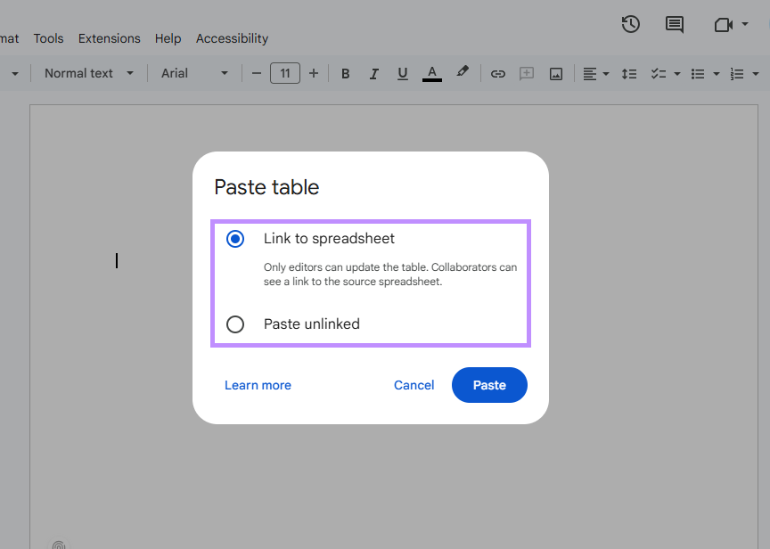 select how to paste the table google docs
