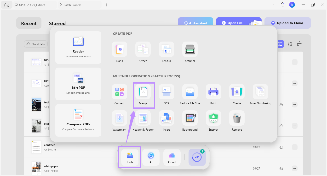 select merge under tools updf windows