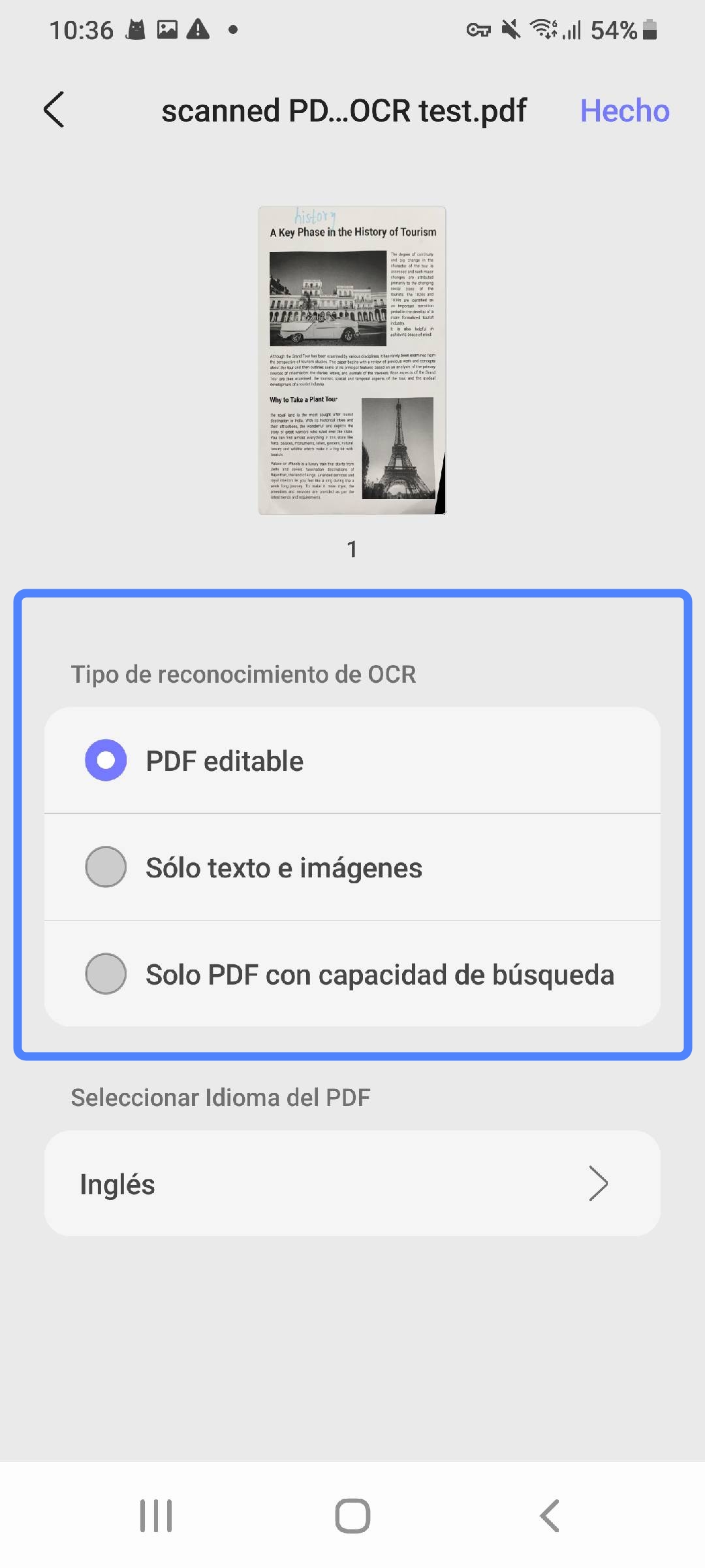 Seleccionar tipo de reconocimiento OCR en UPDF Android