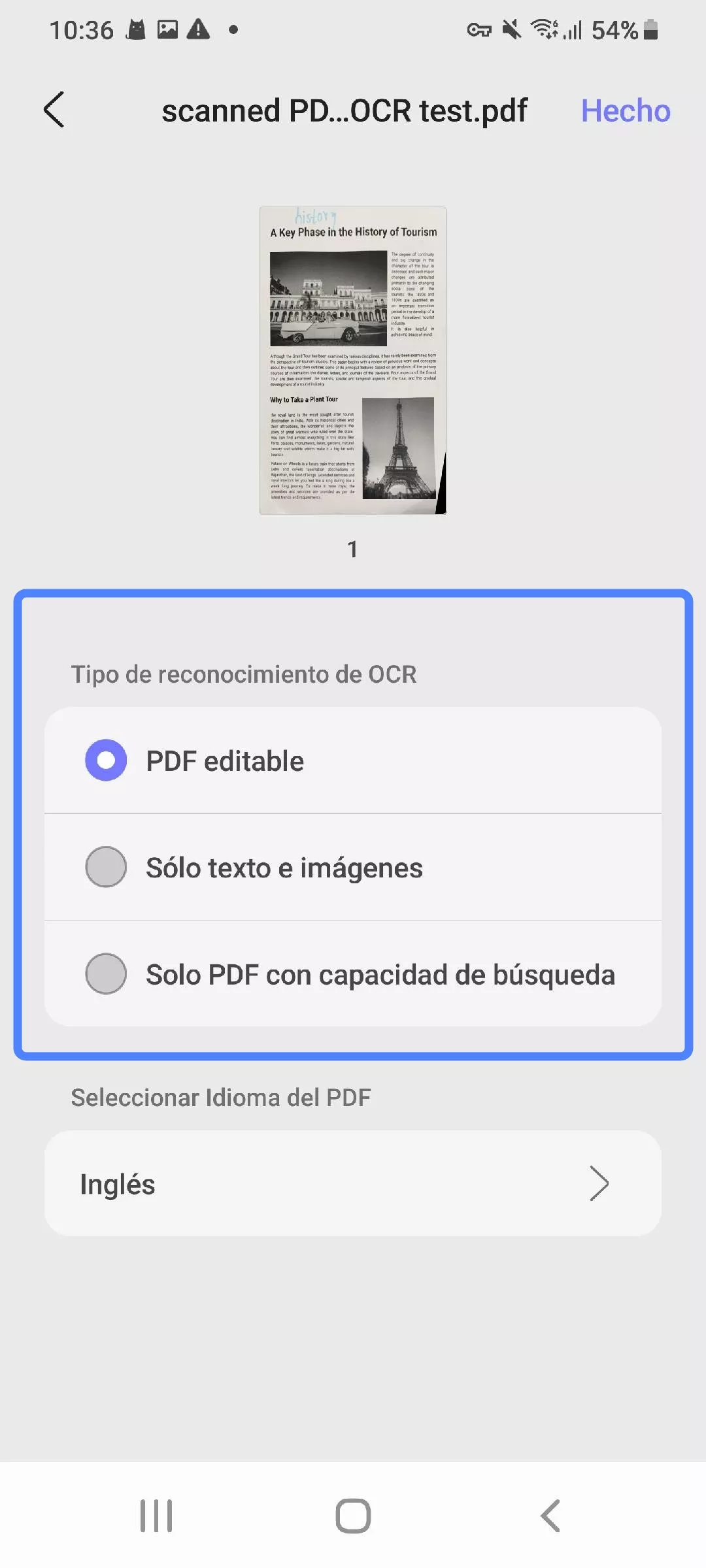 Seleccionar tipo de reconocimiento OCR en UPDF Android