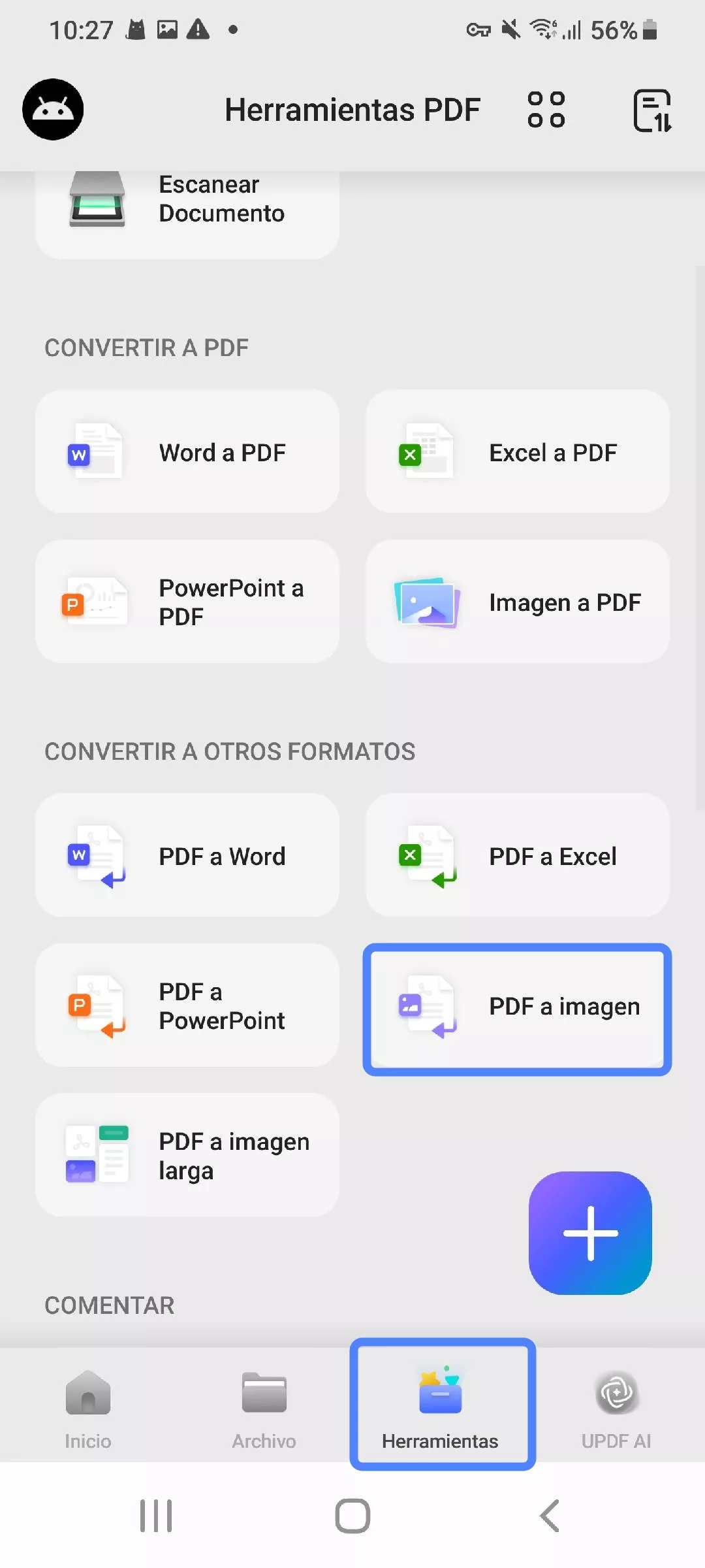 Seleccionar PDF a Imagen en UPDF Android