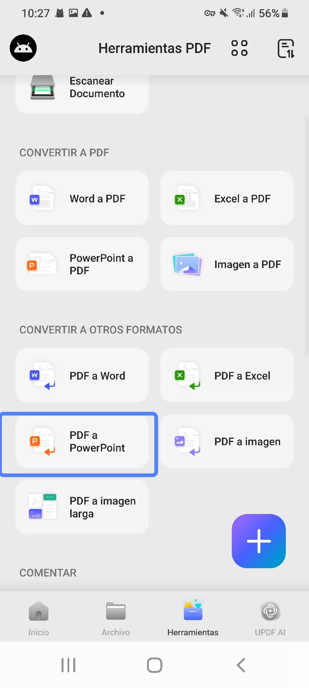 Seleccionar PDF a PowerPoint en UPDF Android