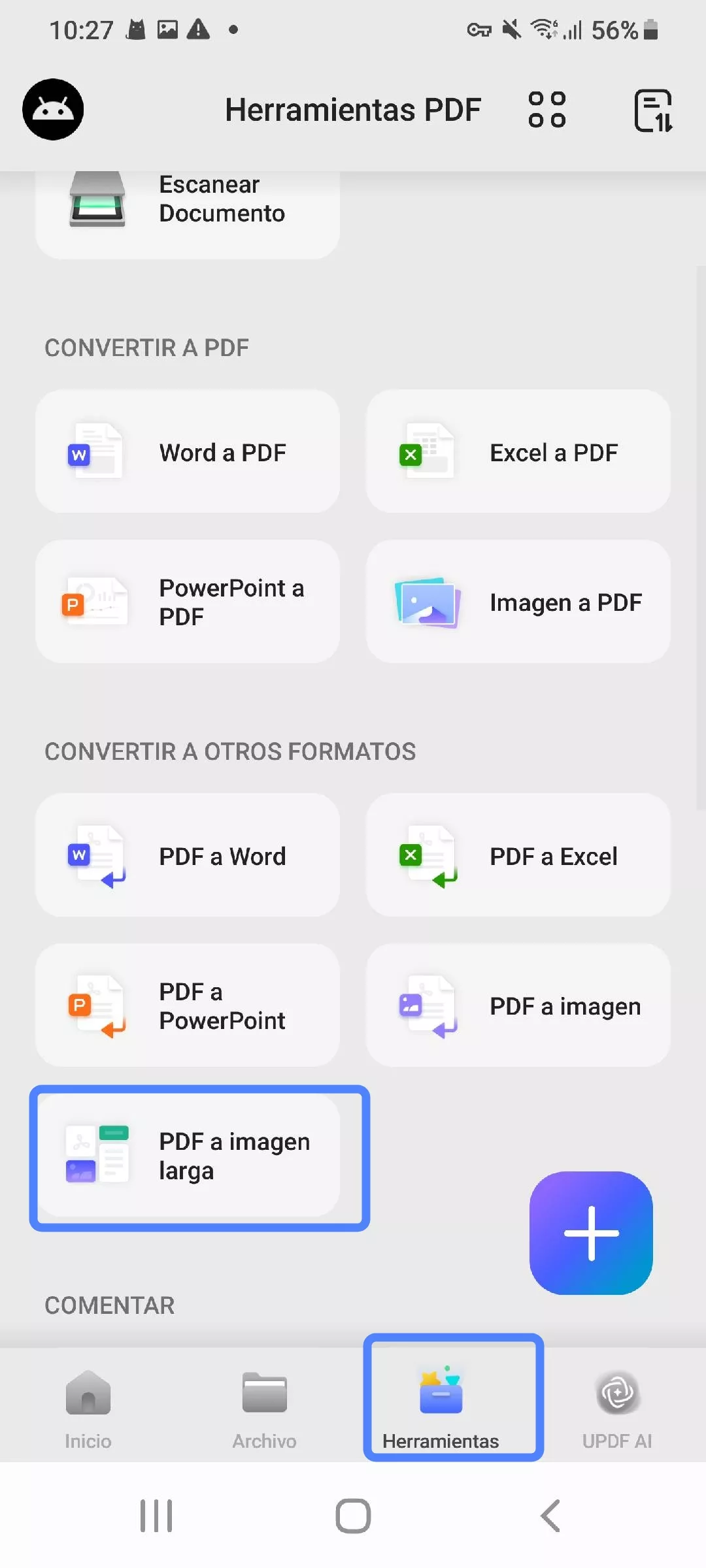 Seleccionar PDF a Imagen Larga Única en UPDF Android