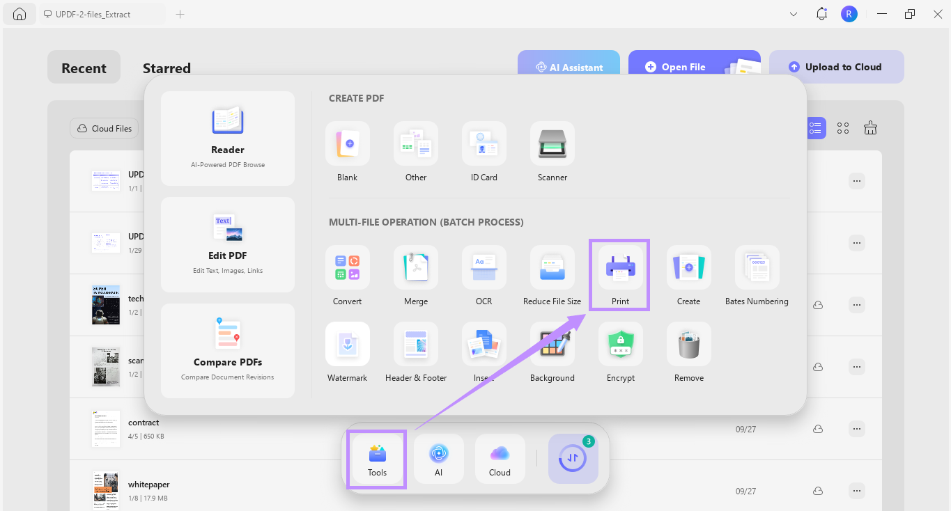 select print under tools updf windows