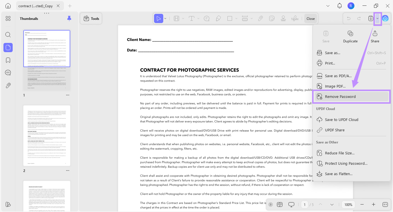 select remove password updf windows