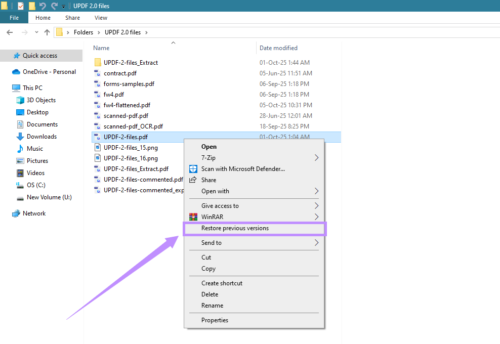 select restore previous versions updf windows